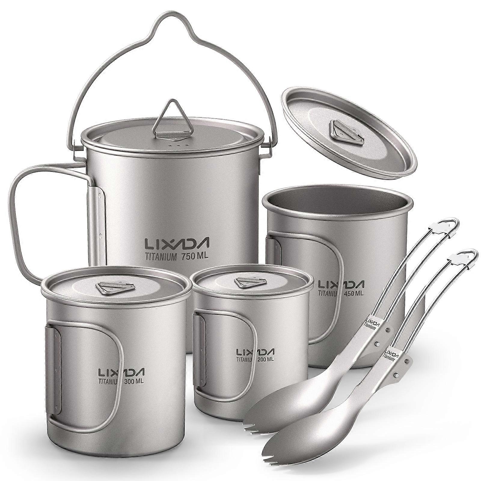 Lightweight Titanium Camping Cookware Set 750ml Pot 450ml 350ml 200ml Cups with Lids Collapsible Handles and Folding Spork for Hiking Backpacking