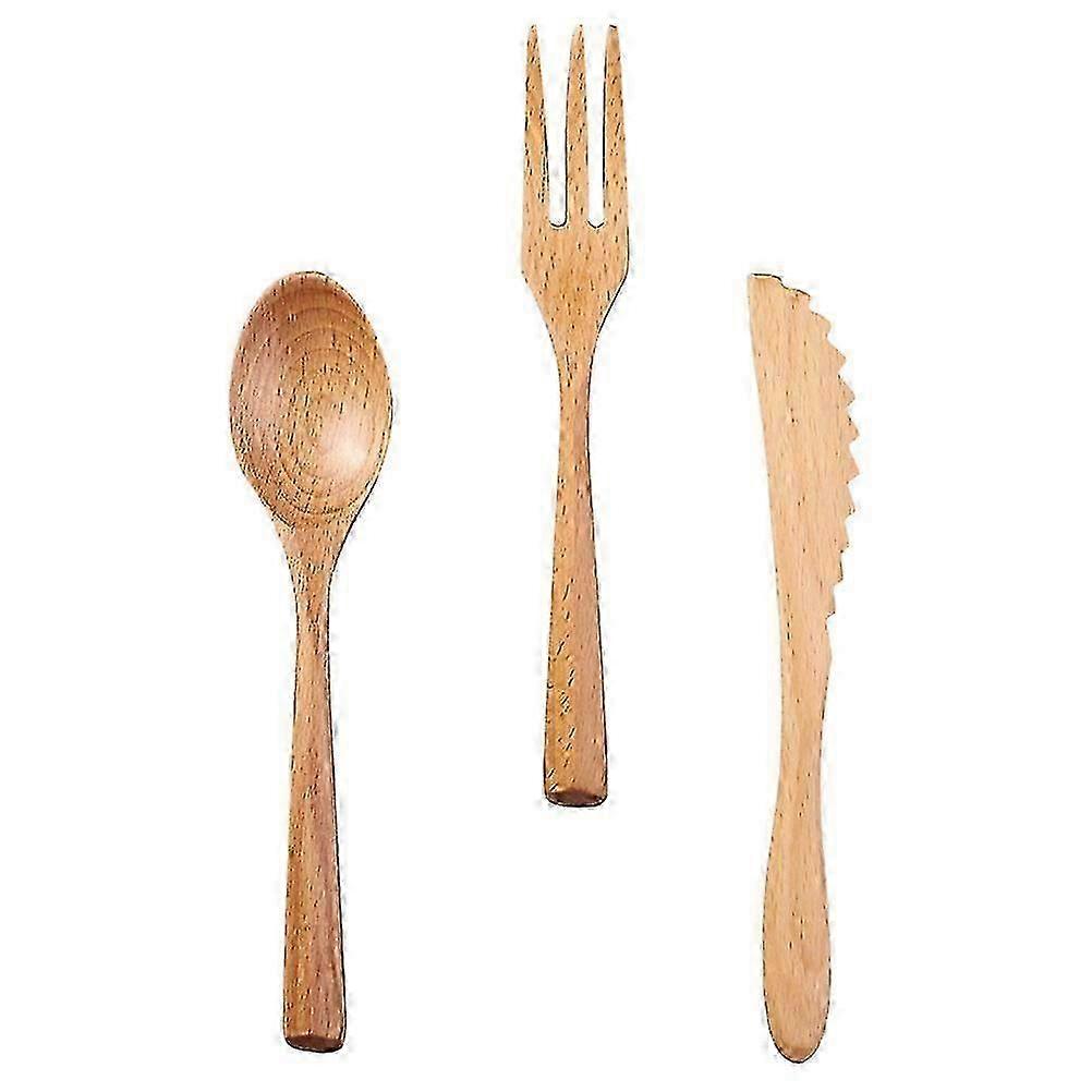 3 Pcs Wooden Cutlery Set in Japanese Style, Beech Three-piece Set for Home Use (Natural Wood Color)