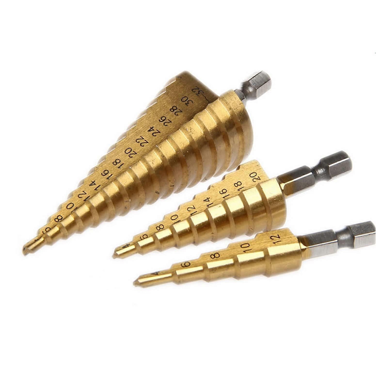 3Pc Hss Step Cone Taper Drill Bit Set Hole Cutter Metric 412/20/32Mm 1/4 Inch Coated Metal Hex Bits bit