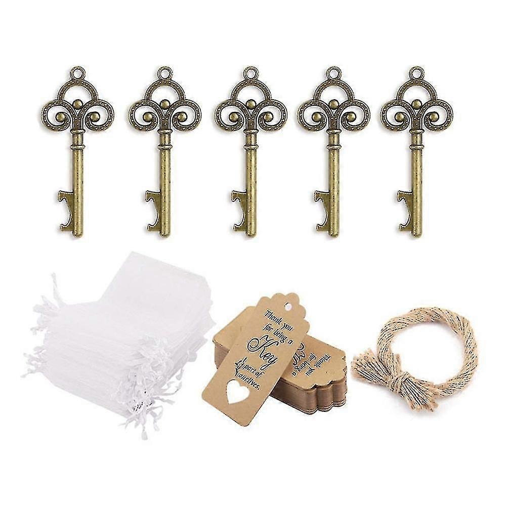 50 Pcs Rustic Vintage Skeleton Key Bottle Opener With Tag Cards Sheer Bag For Guests Wedding Party