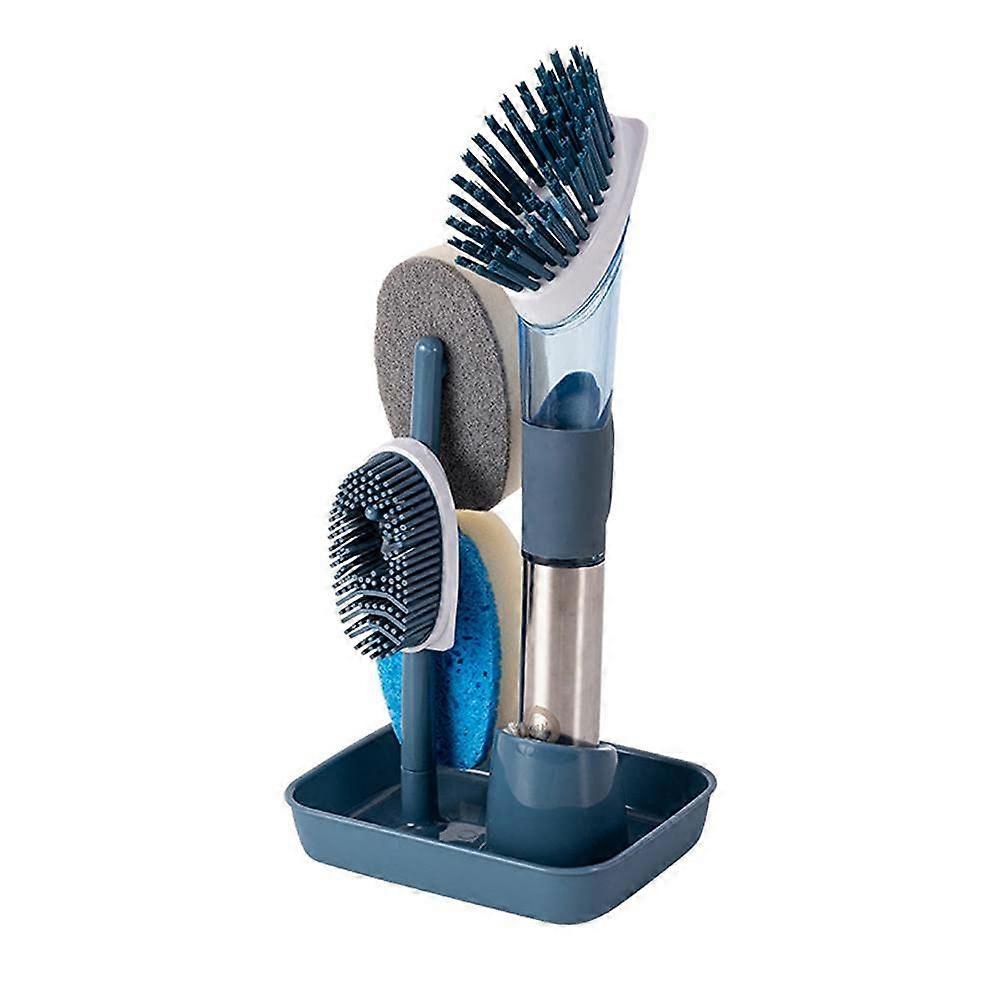 Dish Brush Set with Soap Dispenser, 4-in-1 Kitchen Cleaning Brush with Stand and 4 Replacement Heads for Pot and Sink
