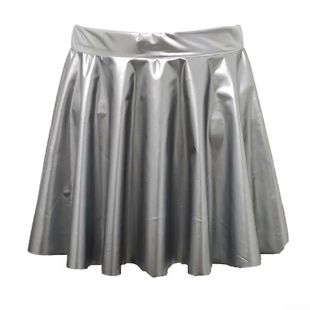Daring Damen Flared ALine Pleated Short Skirt in Stylish PVC Fabric (XL Silver)