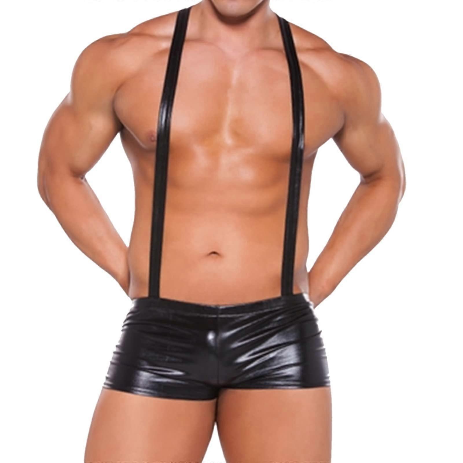 Erotic Boxer Shorts for Men Black XL Leather and Latex Low Rise Underwear Cotton Wetlook Retro Briefs