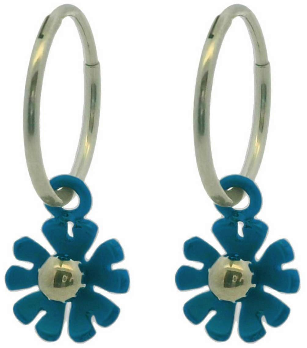 Ti2 Titanium Ten Petal Flower Charm Hoop Earrings - Dark Blue