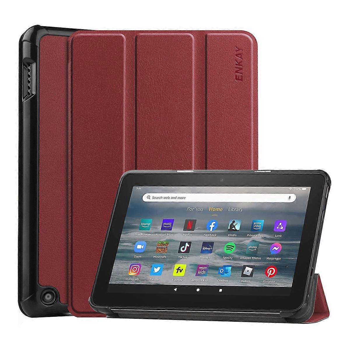 ENKAY HAT PRINCE Για το Amazon Fire 7 (2022) Θήκη tablet Tri-fold Stand Auto Wake Sleep Function PU Leather + PC Protective Cover Wine Red
