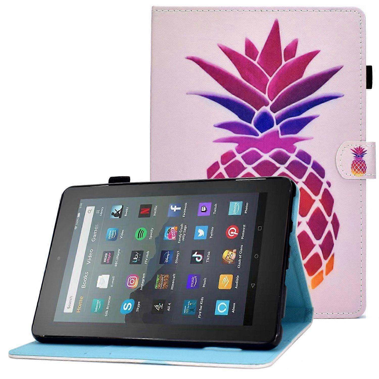 حقيبة لوحي قابلة للتعديل ل Amazon Fire 7 (2022) ، خياطة نمط الطباعة PU حامل بطاقة جلدية غطاء واقي الأناناس الوردي