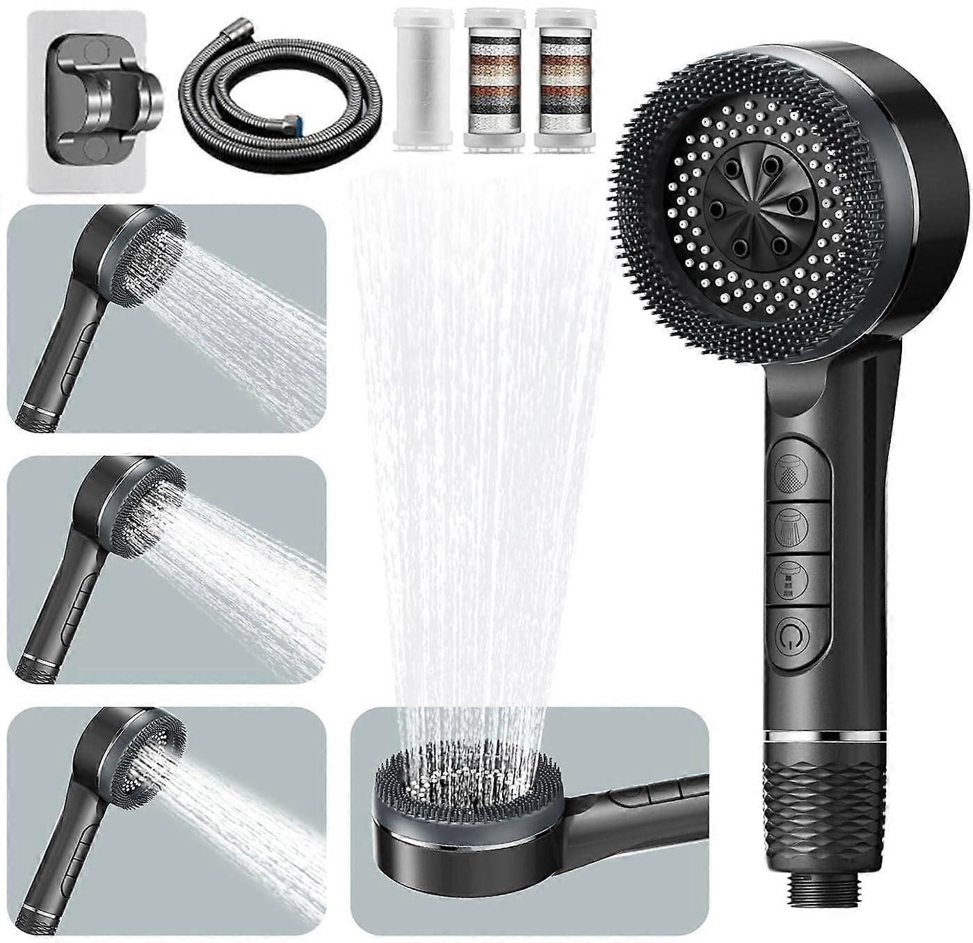 Pressure Shower Heads, with 15 Stage Filter, Shower Hose, Stand, 4 Spray Modes, Pause Switch(Grey)