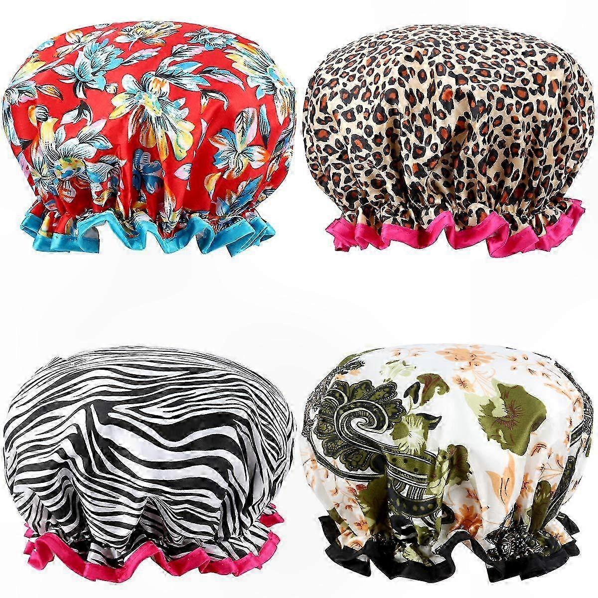 Set of 4 Double Layer Printed Shower Caps - Reusable, Eco-Friendly Hair Cover with Strong Elasticity and Durability