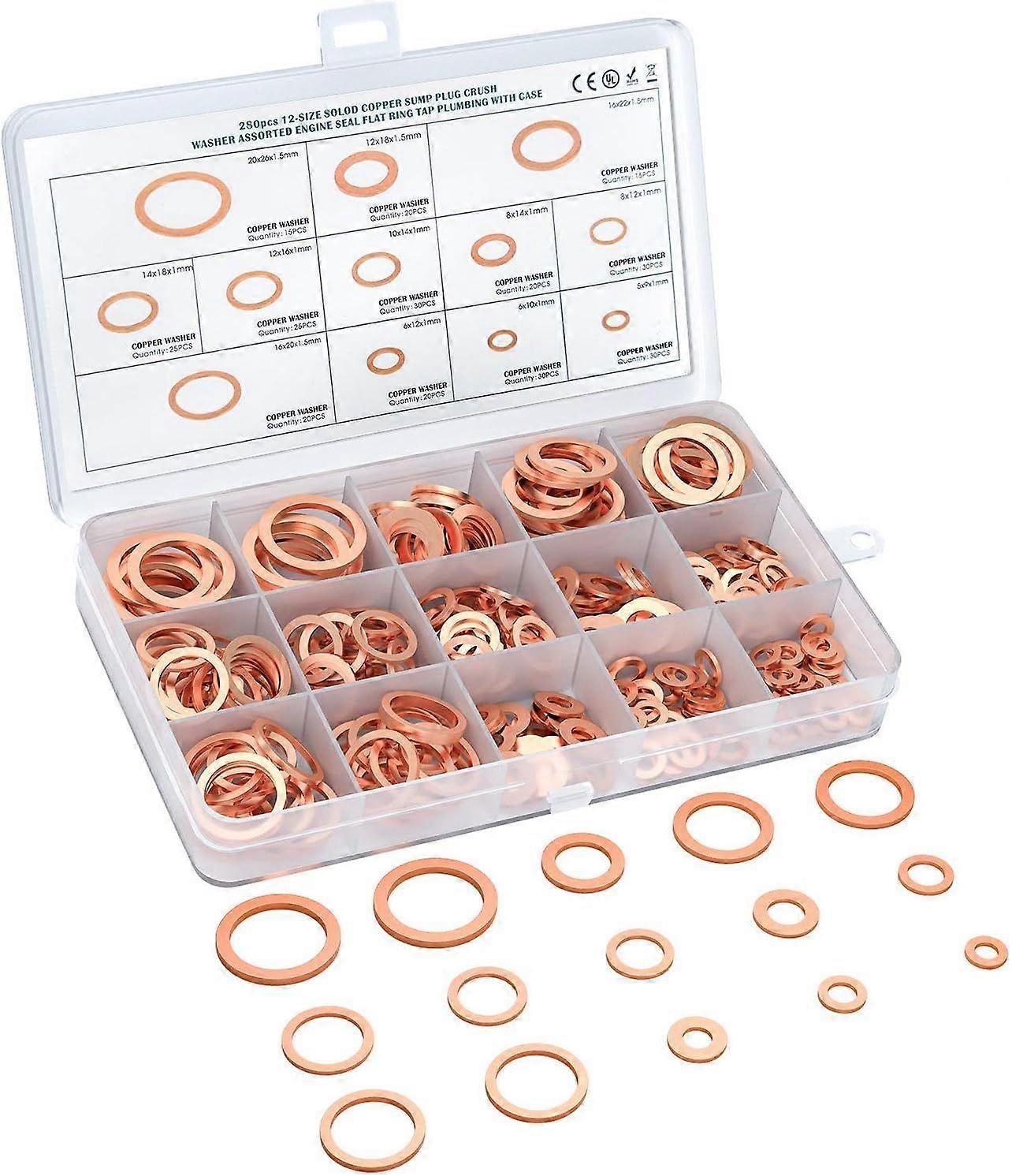 Metal Washers, 280pcs Copper Flat Washers 12 Sizes Flat Washer with a Storage Box for Scre