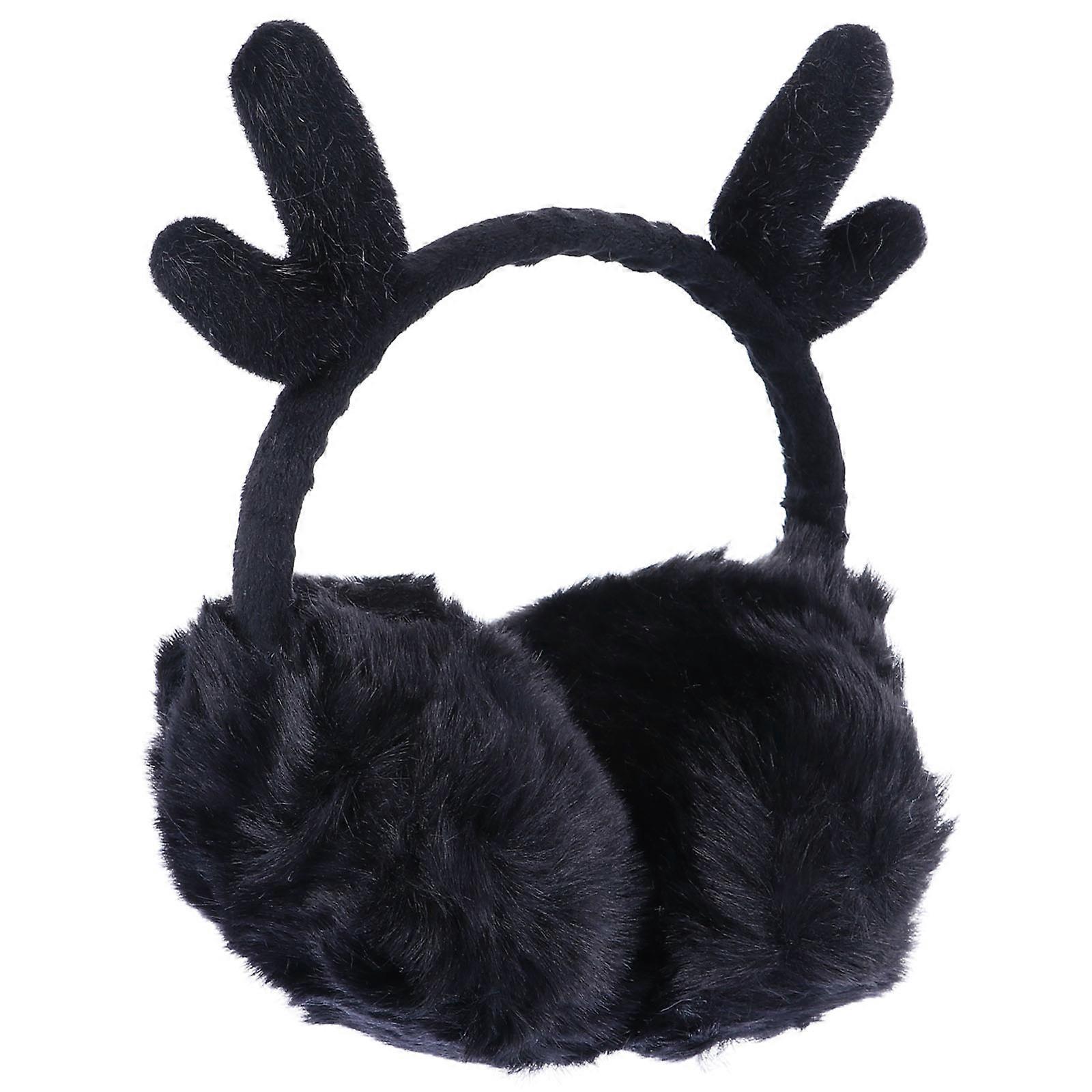 Warm Plush Earmuff for Ear Warming Black Color Christmas Antler Design One Size Fits Most