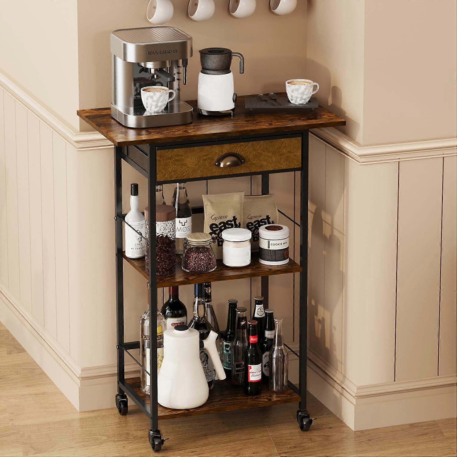 3-Tier Coffee Bar Cart with Storage Drawer, Extended Worktop Table, Farmhouse Corner Cabinet for Small Spaces, Compatible with Kitchen, Entryway,