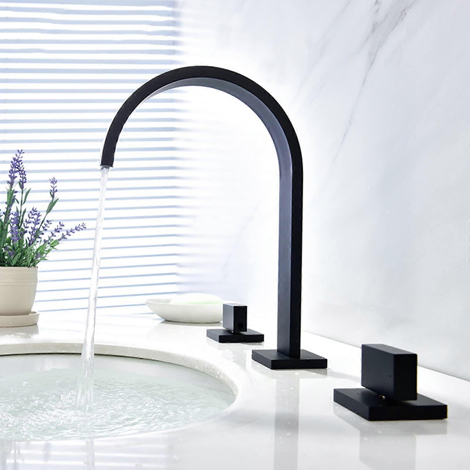 Black Waterfall Basin Taps 3Hole Wide Flat Bathroom Mixer With Double Handles Copper Faucet For Modern Washbasin