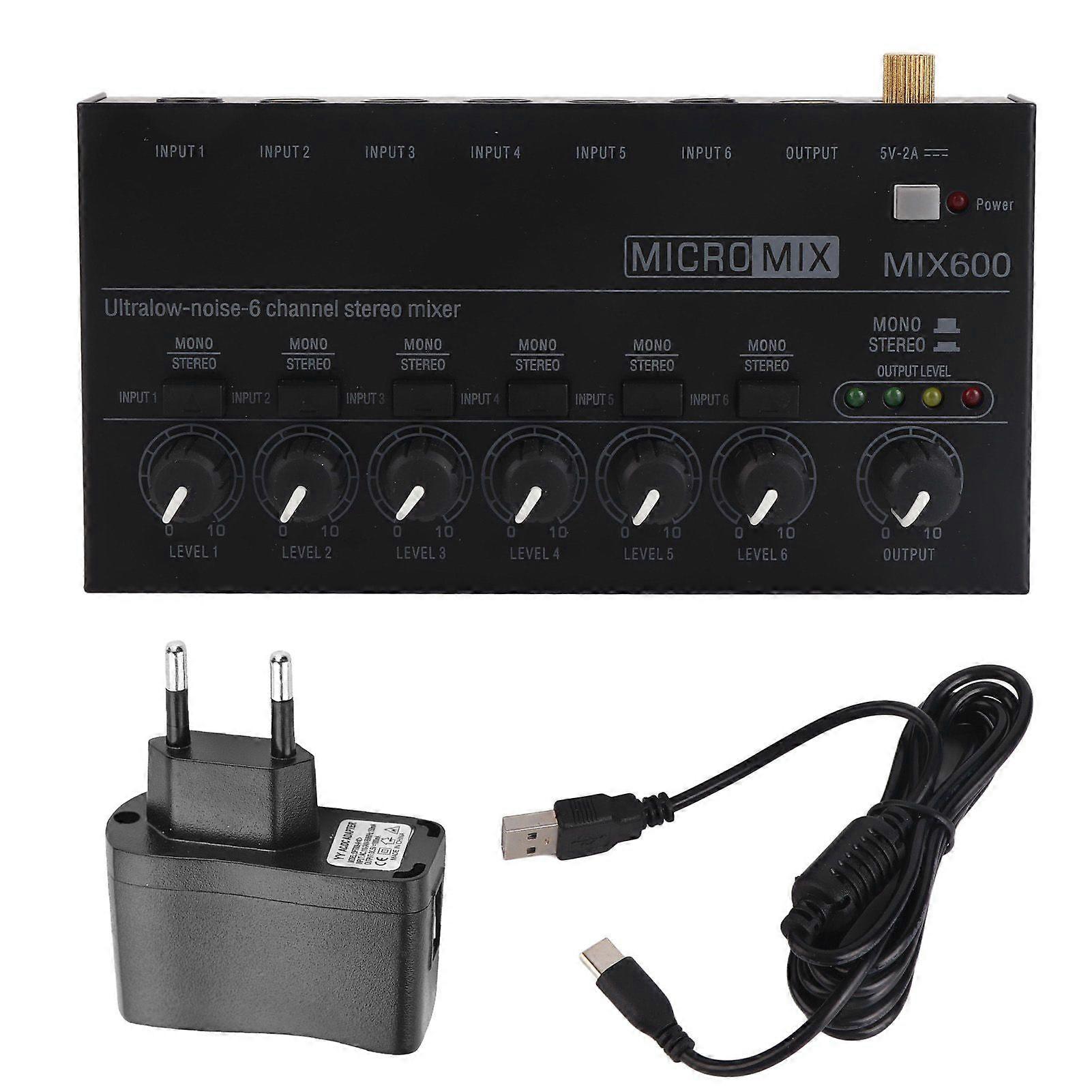 Sound Mixer Ultra Compact Metal Low Noise 6 Channel Stereo Line Mixer for Studio Stage Small Clubs Bar