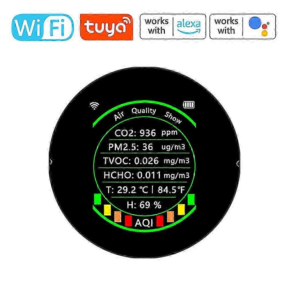 T uya Wifi 7in1 Air Quality Meter PM2.5 CO2 TVOC HCHO AQI Temperature Humidity Tester Dioxide Detector with Alarm Threshold 26s