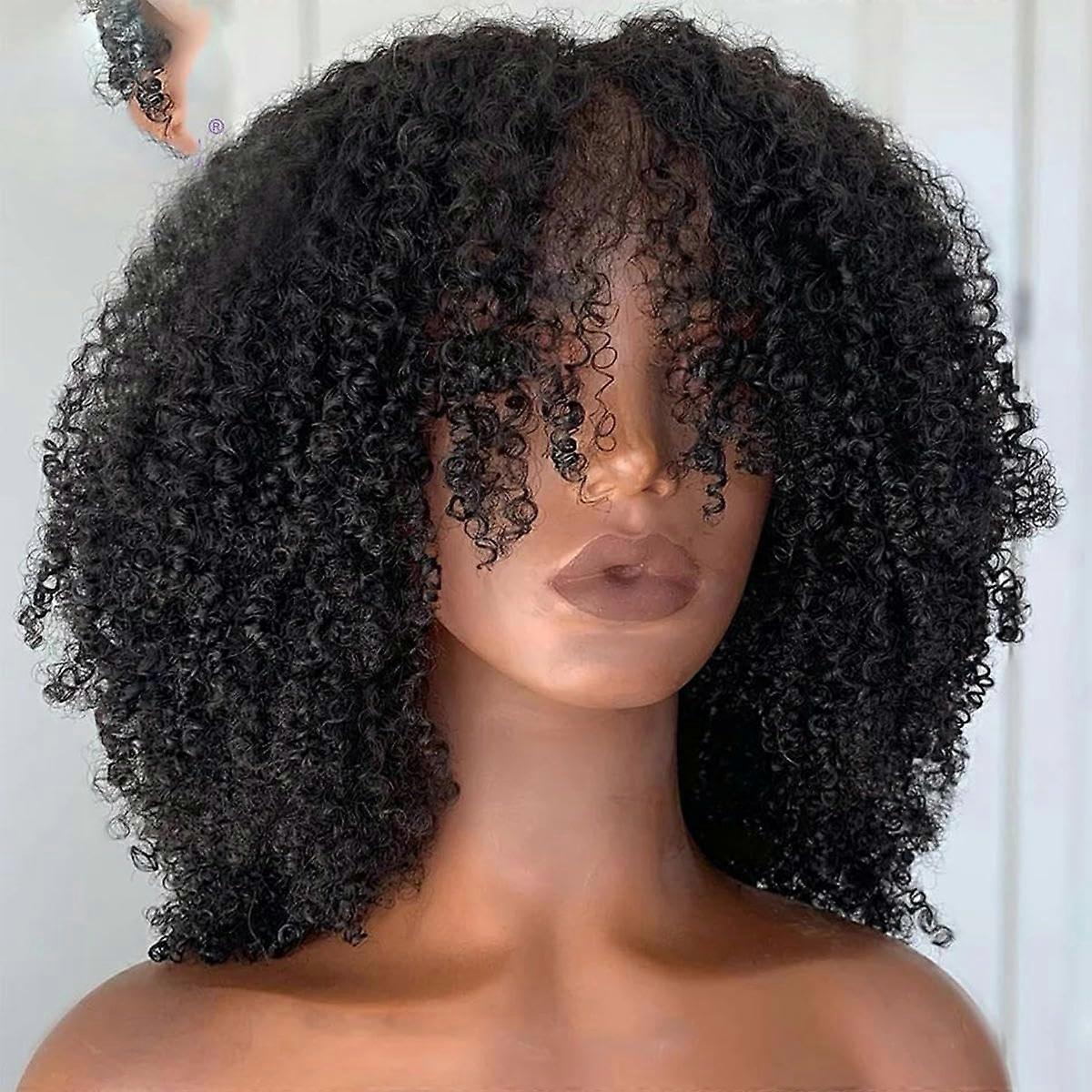 Short Afro Kinky Curly Wig With Bangs 14In 200D Natural Color Hair Scalp  Full Machine Made Wig