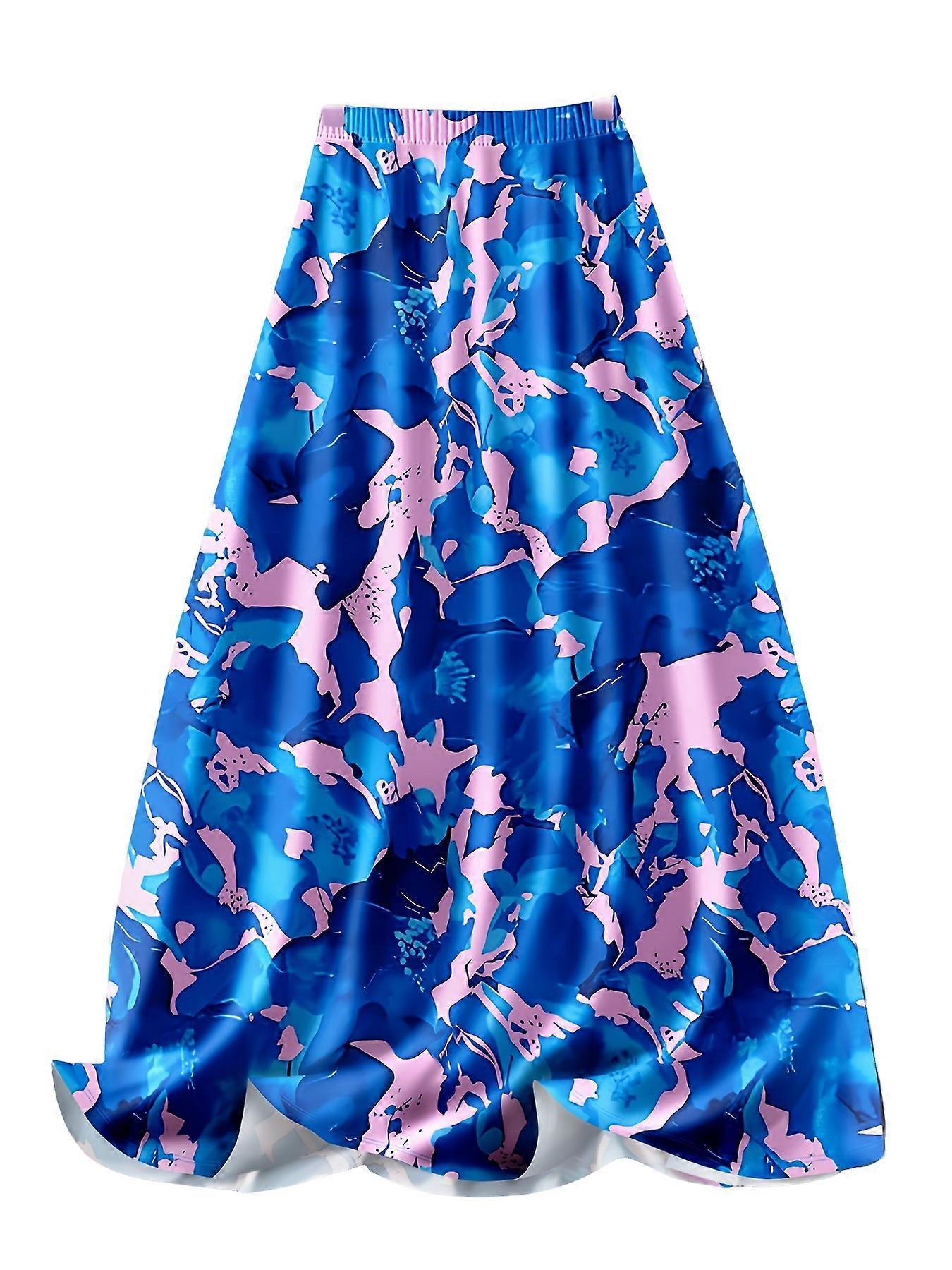 Women's Vibrant Blue-Pink Color-Clash Camo-Inspired Abstract Print High-Waist Elastic A-Line Flowy Maxi Skirt