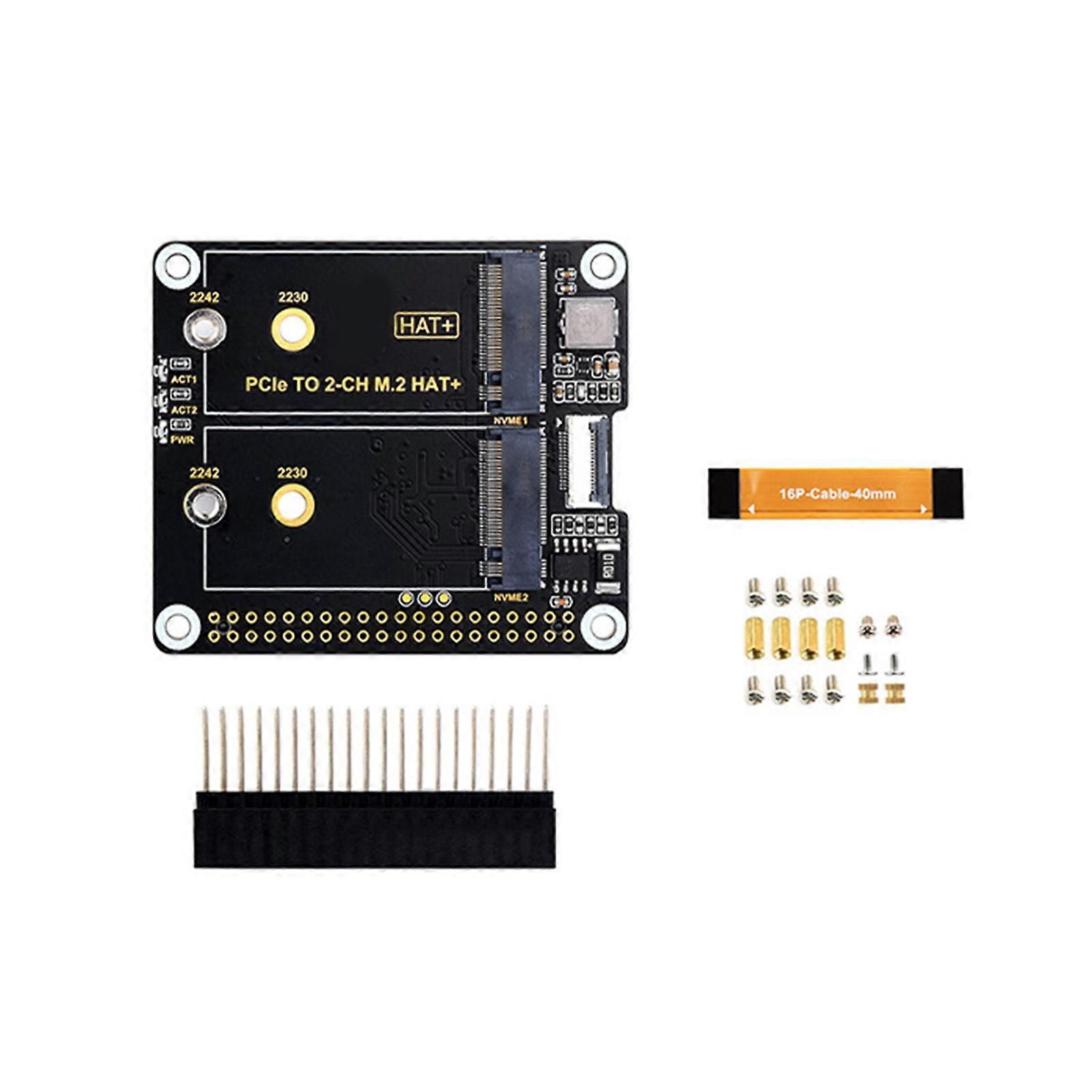 M.2 2CH NVMe SSD HAT for RPi 5, M.2 2242 2230 PCIe to NVMe SSD Adapter Board (SSD and Mainboard Not Included) Multicolor