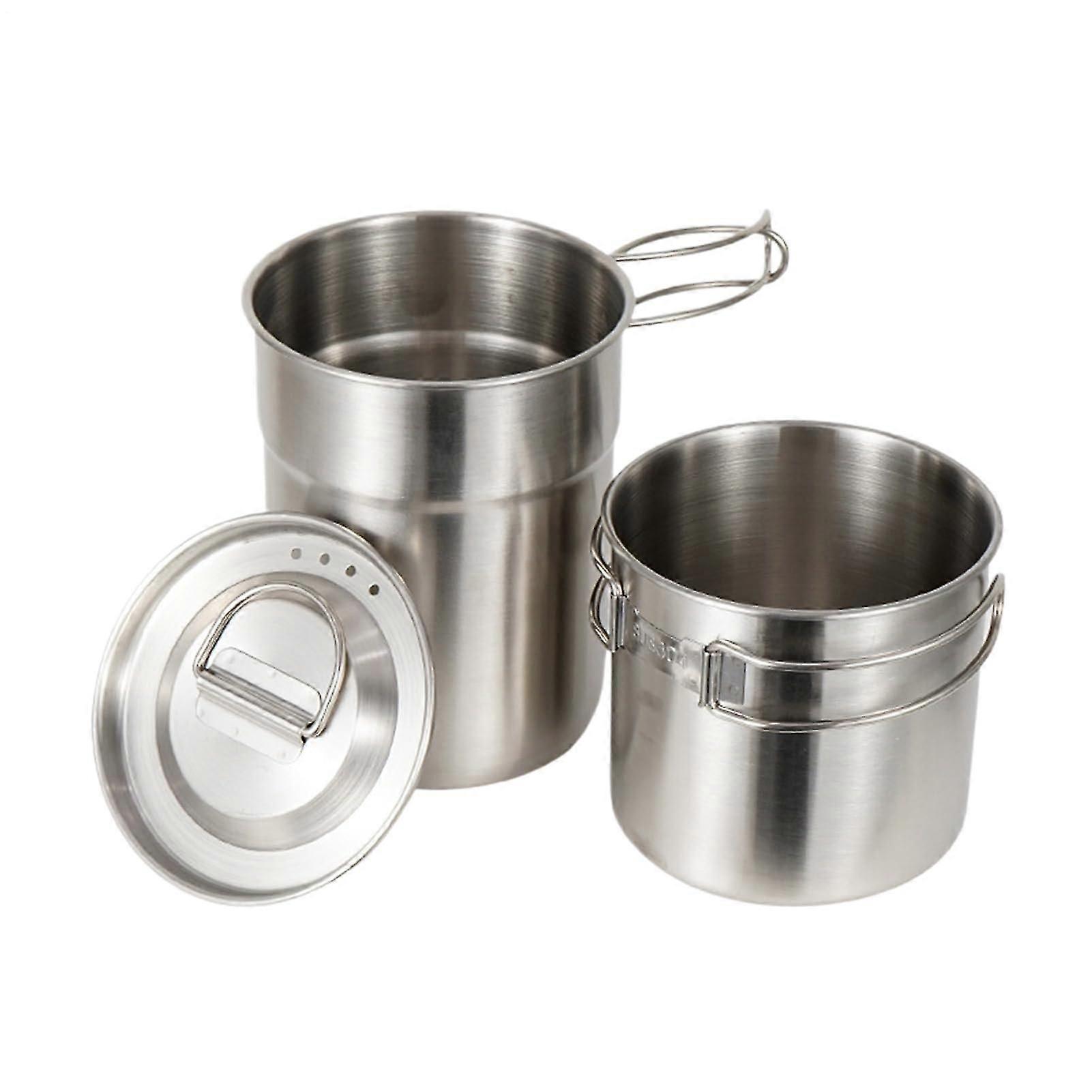 Camping Cookware Stainless Steel Cooking Set Backpacking Kit Compact Folding Design Heat-Resistant Handle Silver