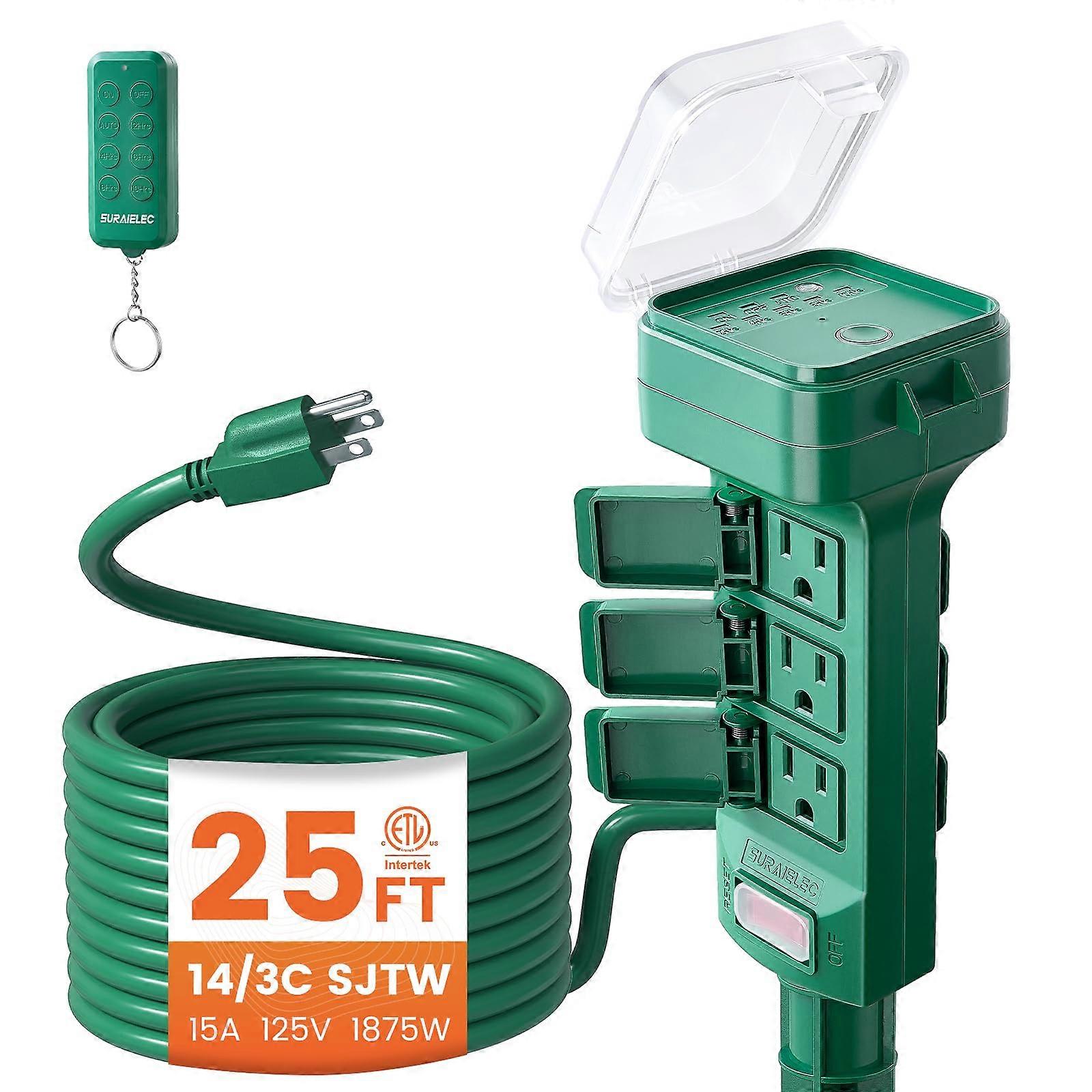 Outdoor Power Stake Timer with Remote, 100FT Range, 6 Outlets, Waterproof, Dusk to Dawn, 25FT Cord