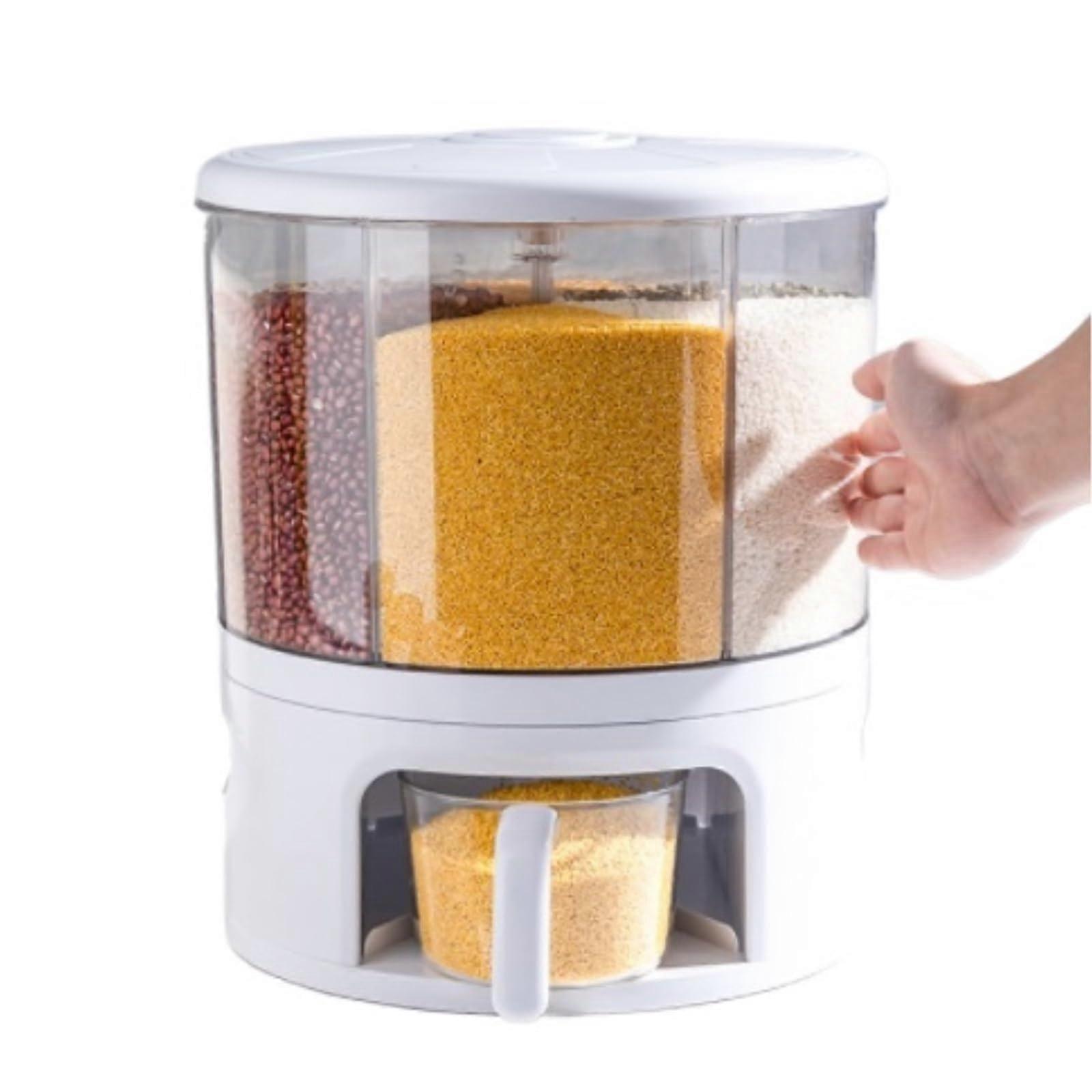 Rice Dispenser 360° Rotating 6 Grid Dry Food Cereal Storage Container for Kitchen Countertop White