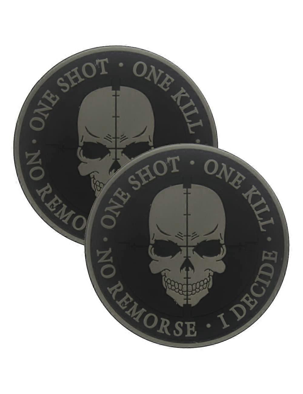 2PCS One Shot One Kill Tactical Morale Patch Grey PVC Skull Hook Back Durable Outdoor Style