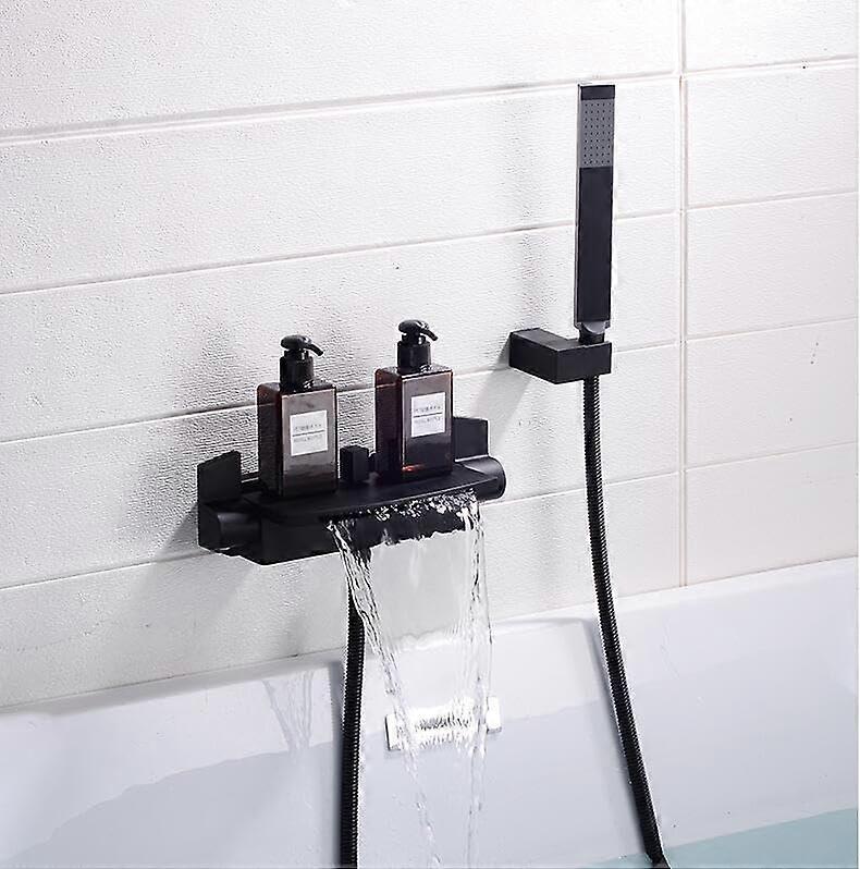 Matte Black Solid Brass Bathtub Faucet Set with Waterfall Spout and Dual Temperature Control