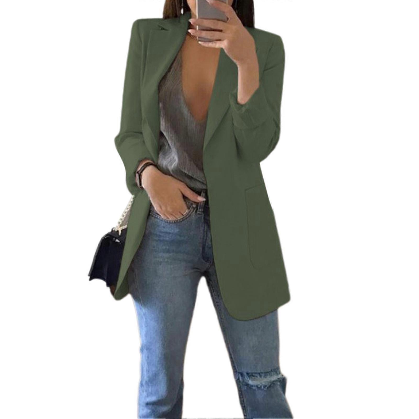 Women Suit Coat Lapel Long Sleeve Open Front Suit Jacket Solid Color Big Pockets Commuting Style