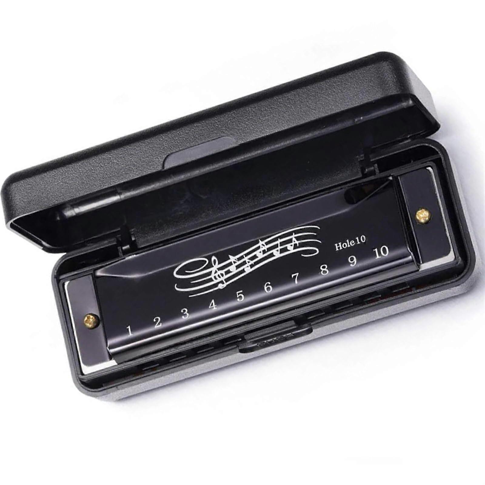 Harmonica for Beginners with Wide Note Spacing, Professional 10 Hole Black Pocket Size