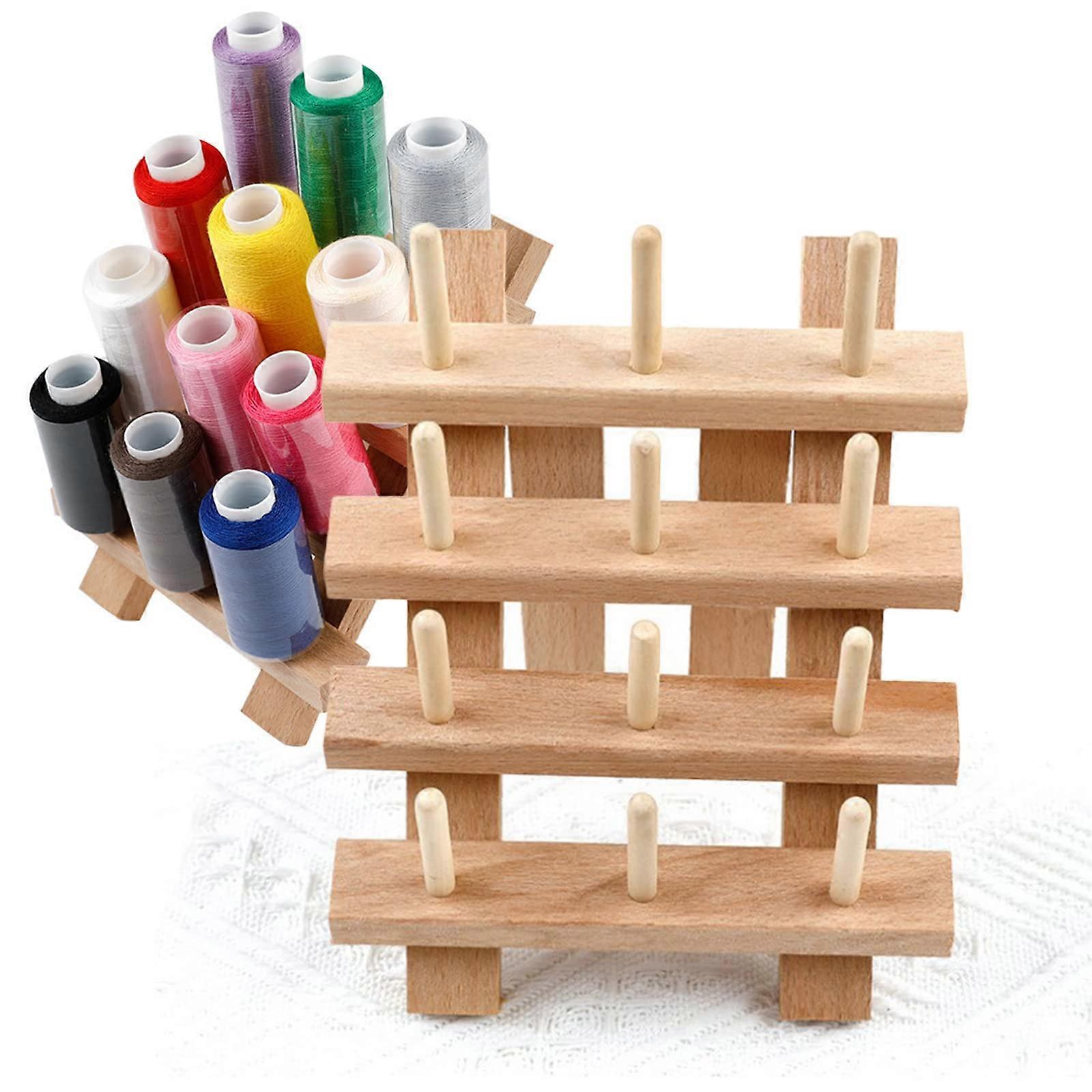 Wooden Thread Spool Holder Rack for 12 Spools, Compact Foldable Sewing Thread Organizer