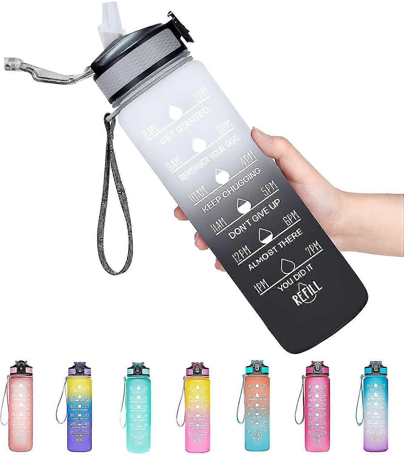32oz Leakproof Drinking Water Bottle With Time Marker & Straw