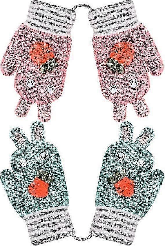 2 Pairs Kids Cute Knitted Gloves With String