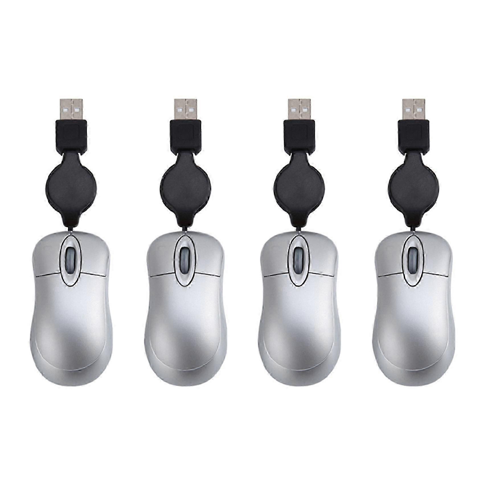 4X Mini USB Wired Mouse Retractable Cable Tiny Small Mouse 1600 DPI Optical Compact Travel Mice (Silver)
