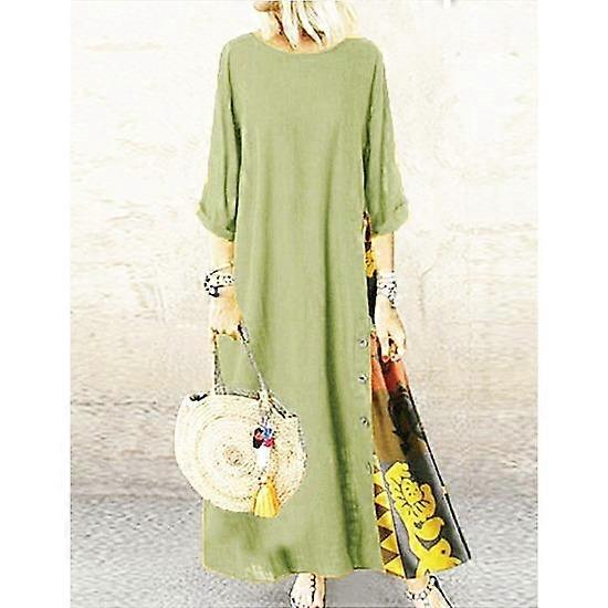 Autumn Retro Floral Round-neck, Color-blocking Button Patchwork Three-quarter Sleeves