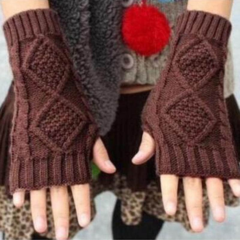 Womens Geometric Knitted Gloves Wrist Arm Warm Hand Fingeess Mitten-colorcoffee