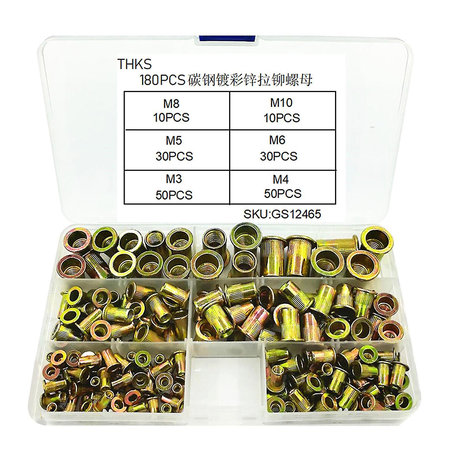 180pcs /set M3-m10リベットナットキット亜鉛メッキ高硬度炭素鋼耐摩耗性ファスニングナットハードウェア産業用