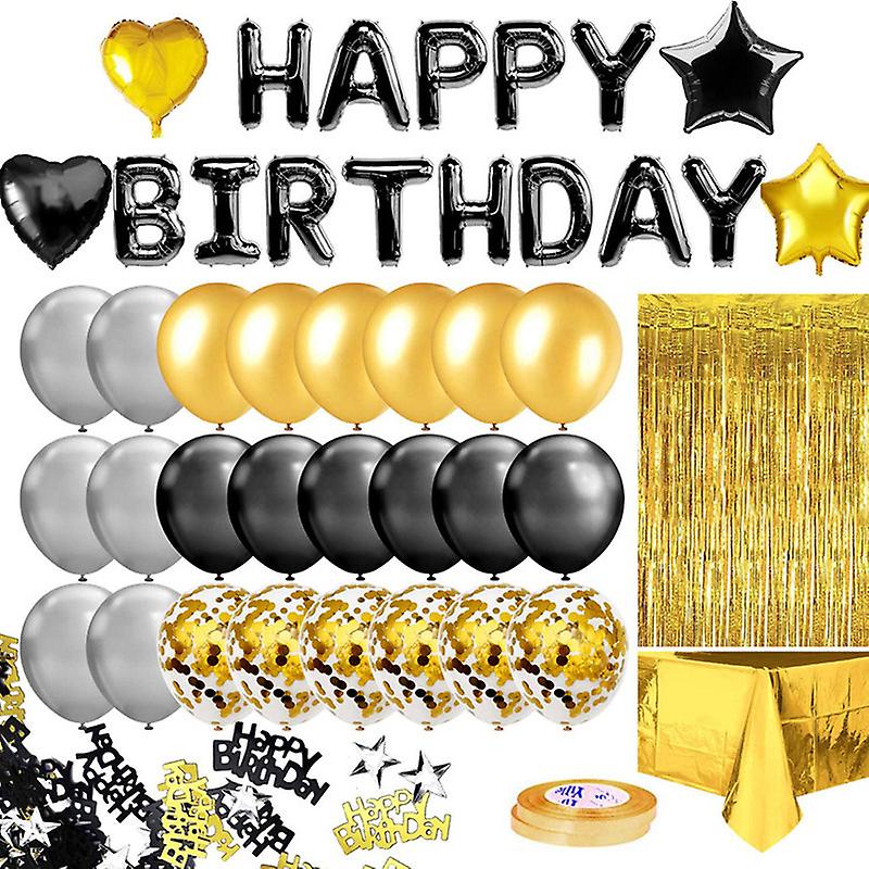 Black Gold Birthday Party Decoration with Happy Birthday Banner Fringe Curtain Foil Tablecloth