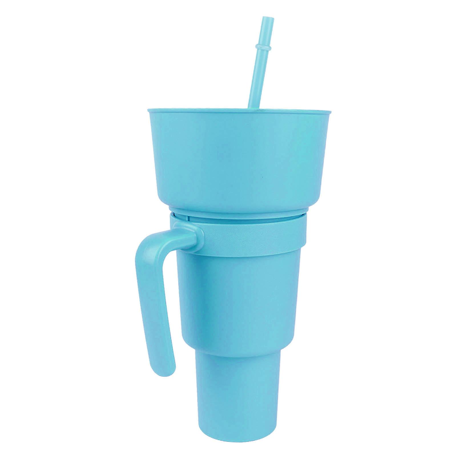 Dual-Use Snack and Drink Cup with Straw – Large Opening Bowl for Movies, Home & Travel – Light Blue