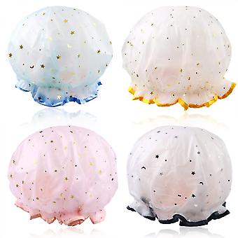 Veeki 4 Colors Cute Washable Shower Caps for Girls and Women, Reusable Double Layer Waterproof Shower Hat, Comfortable Elasticated Bath Cap for Women 