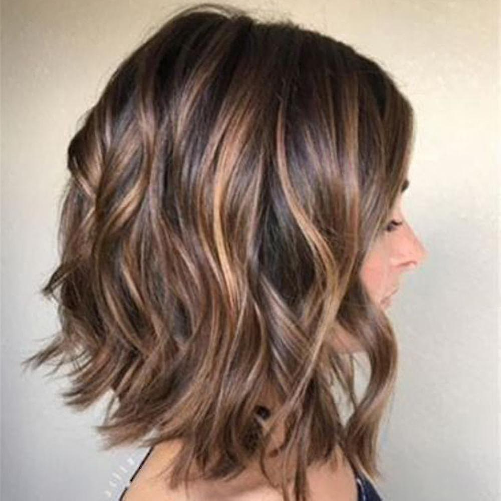 Women Brown Bob Style Middle Length Wig Natural Curly Wavy Hair Full Wigs