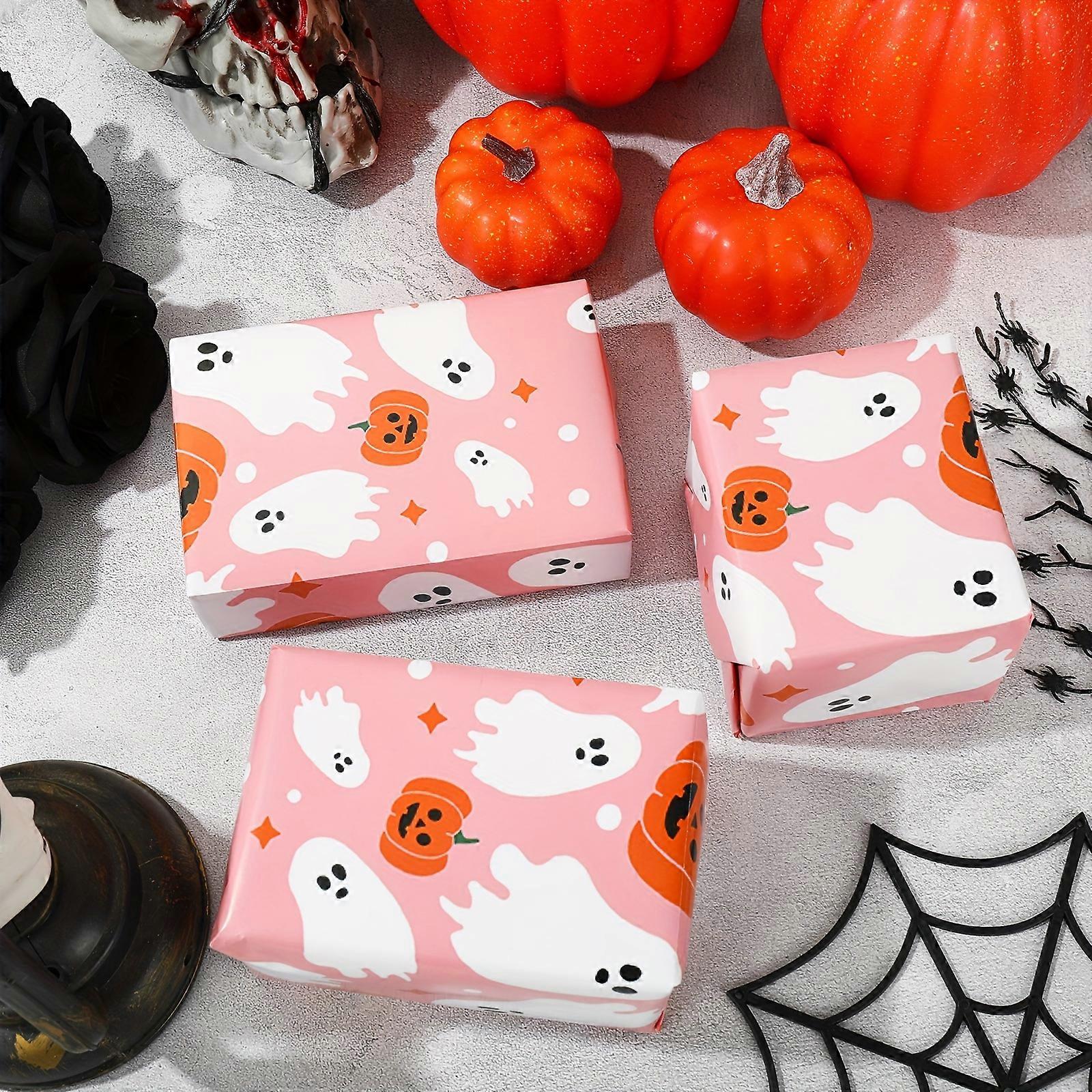New Models6 Sheets of Pink Halloween Wrapping Paper Cute Ghost Pumpkin Gift Wrap Paper Bulk Folded Flat Art Craft Paper for Halloween Birthday Party D