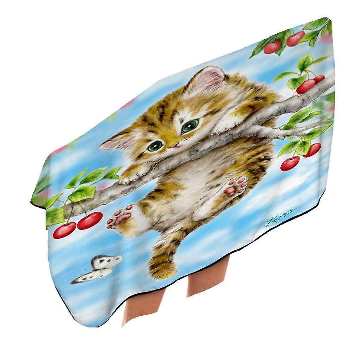 Cute Tabby Kitten Cat on a Cherry Tree Microfiber Beach Towel