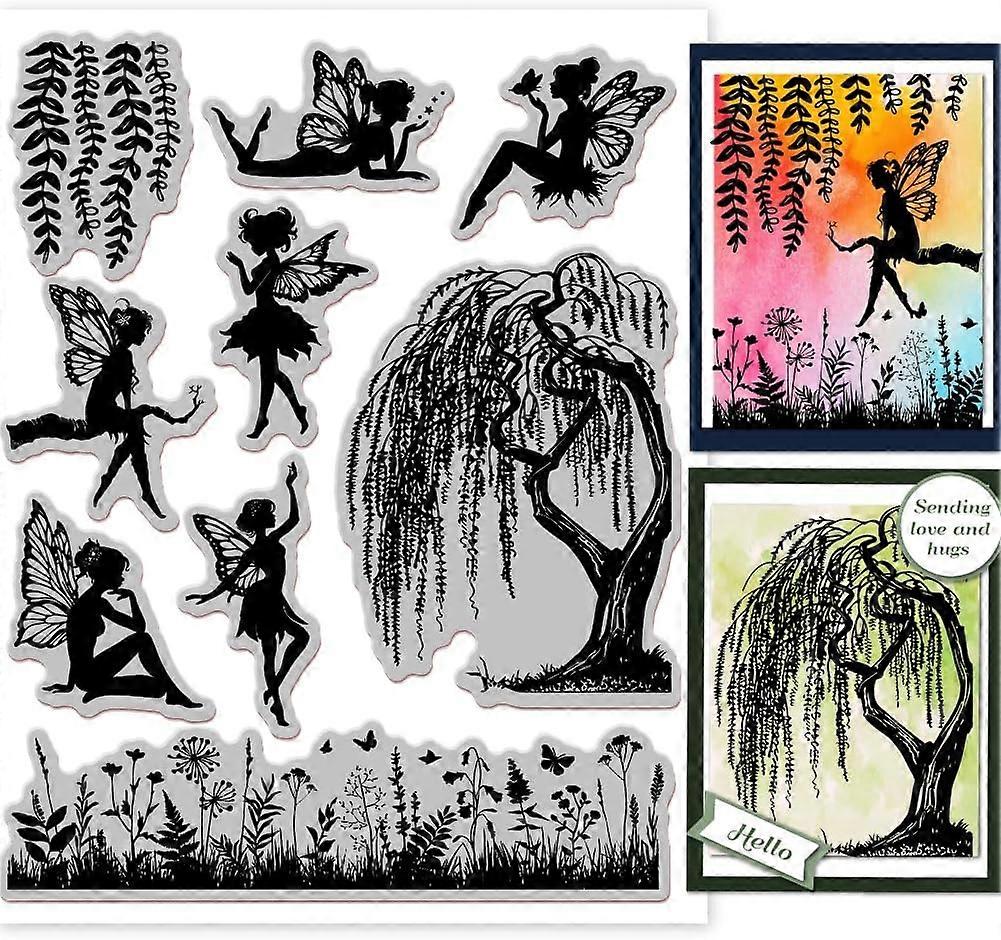 Fairy and Plant Silhouette Cling Rubber Stamp 7.09x8.66inch Butterfly Fairy EVA Stamps Embossing Stamp Seal Rubber Stamps for DIY Scrapbooking and Car