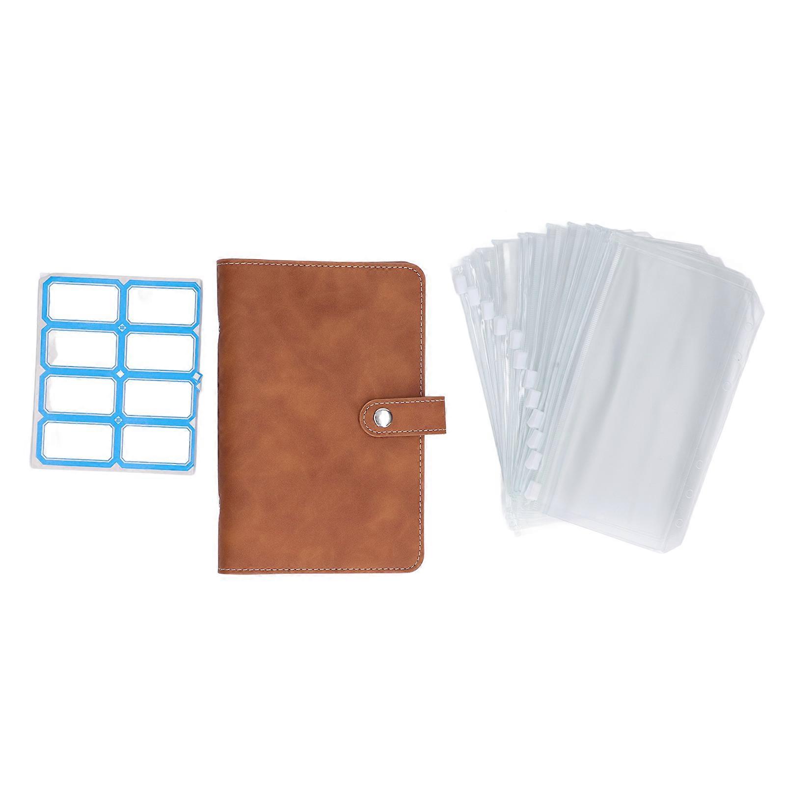 Raccoglitore per contanti formato A6 in pelle PU, portatile, con 6 fori preforati, con 12 tasche trasparenti con cerniera, piccole etichette, marrone
