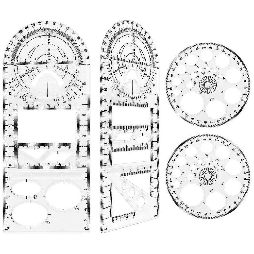 4 Piece Multifunctional Geometric Ruler Set, 2 Multifunctional Geometric Ruler Scale, With 2 Circle