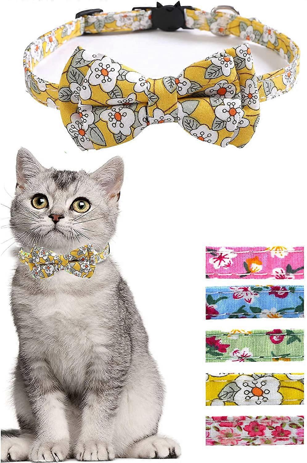 Cat Collar with Bow Tie and Bell Yellow Floral Pattern