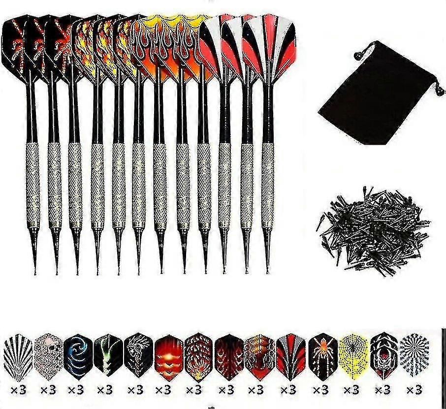 Seturi darts, 12 pachete de darts moale cu soft puncte de vârf pentru dartboard electronice cu extra 42 dart zboruri și 100 negru din plastic Dart Sfaturi