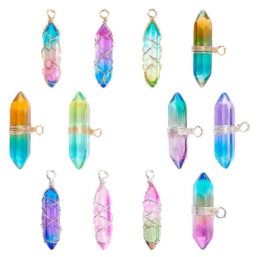 12Pcs 4 Style Glass Pendants Wire Wrapped Pendants with Brass Findings Bullet Mixed Color 16~42x10~33x10mm Hole: 2~2.5mm 3pcs/style