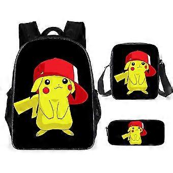 KINZON 3 Pçs / set Cartoon Anime Pokmon Crianças Mochila Lancheira Lápis Caso Estudante Mochila 05