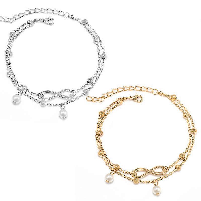 Set of Two (Gold + Silver) Double Layer Bead Figure 8 Anklet, Boho Anklet, Silver Anklet, Women and Girls
