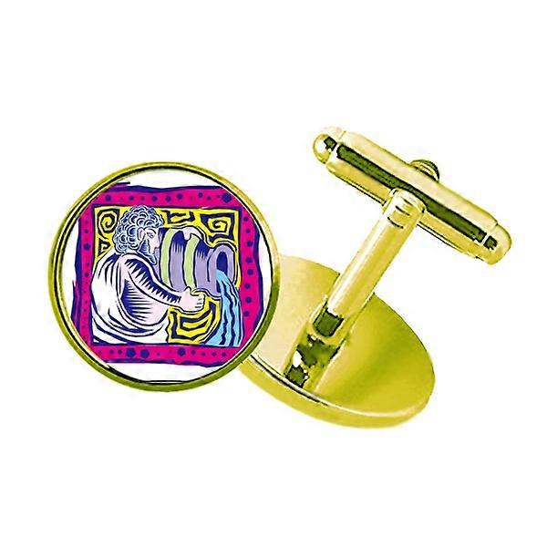 星座アクエリアスメキシコ文化彫刻スタッズ付きビジネスメタルカフリンクスゴールデン